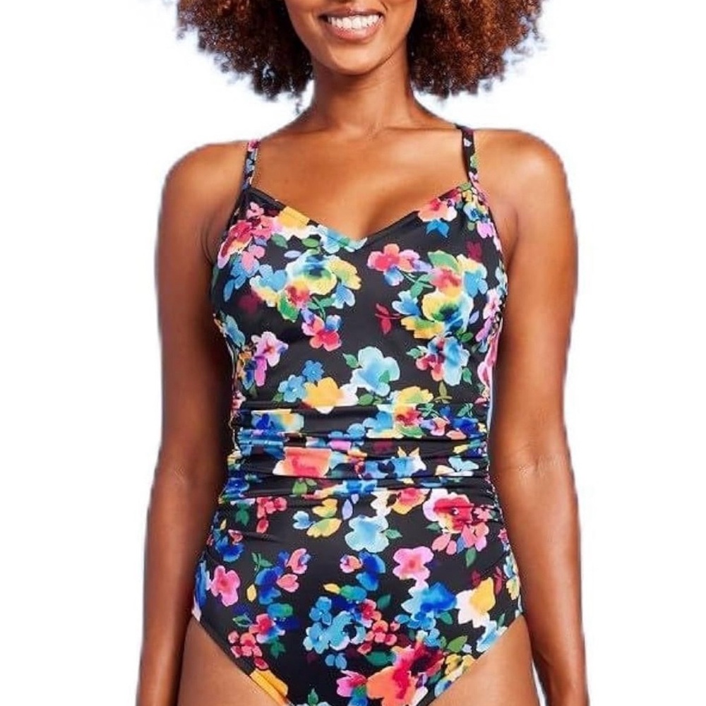 BNWT Aqua Green Floral Black One-Piece Swimsuit